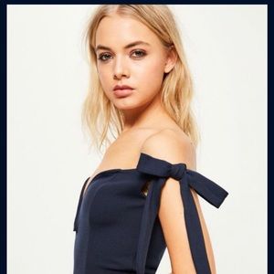 Misguided Navy Bardot deep V stretch maxi dress